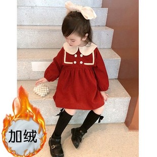 女童秋季连衣裙2021新款红色洋气韩系可爱娃娃领宝宝秋冬童装裙子