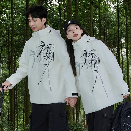 UHMU国风山竹水墨画冲锋衣女2025冬季新中式2件套加绒加厚外套潮
