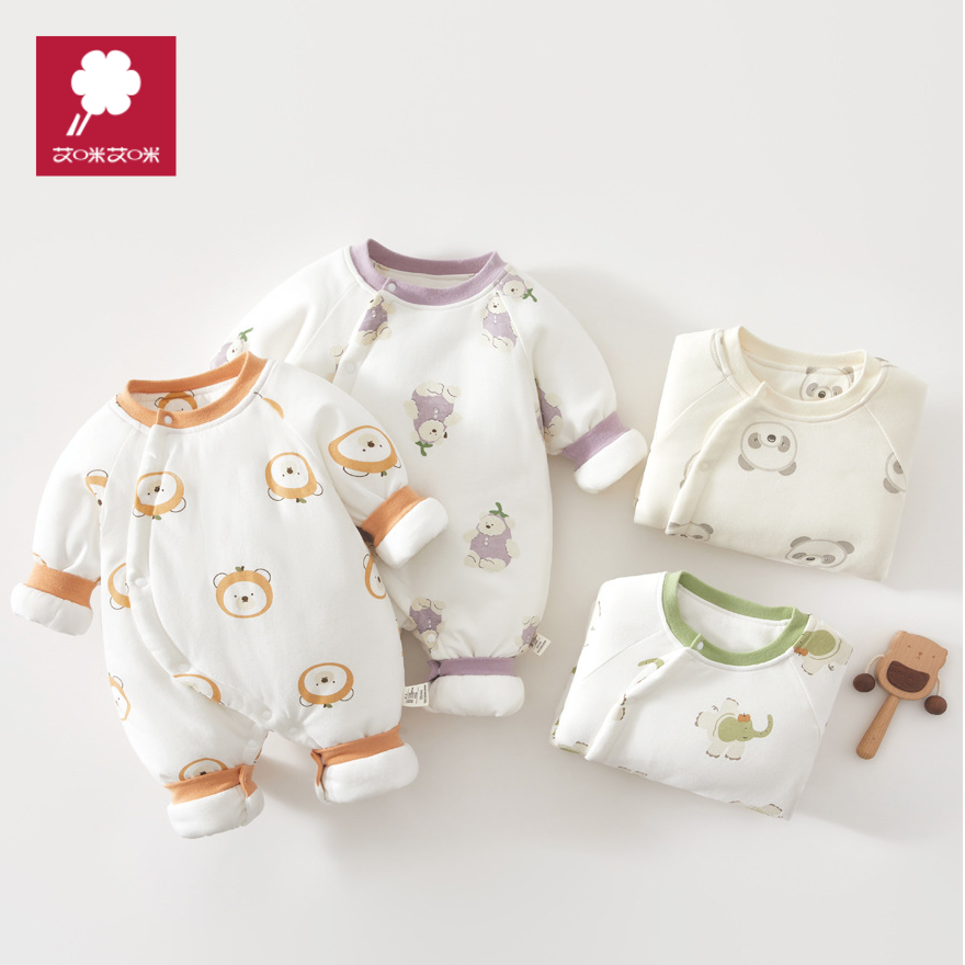 婴儿连体衣秋冬夹棉150克加厚棉衣新生儿衣服纯棉初生宝宝哈衣