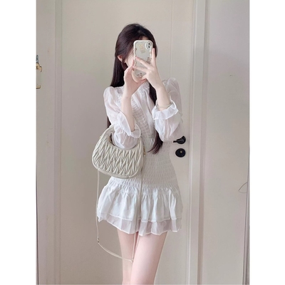 法式白色长袖连衣裙子女