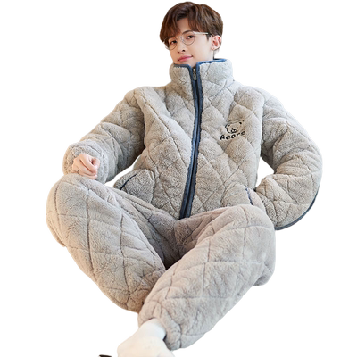 睡衣男士冬季珊瑚绒三层夹棉套装