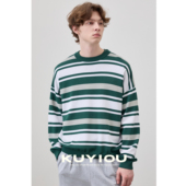 T恤针织衫 KUYIOU 24支双曲纱线撞色横条纹落肩宽松圆领凉感长袖 男