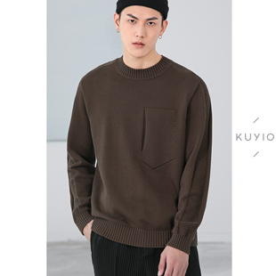 KUYIOU SUPIMA匹马纯棉胸前开袋加厚圆领高领针织毛衣男 定纺定织