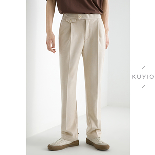 男 KUYIOU 直筒西裤 延长腰袢松紧腰休闲长裤 K04 针织弹力麂皮绒