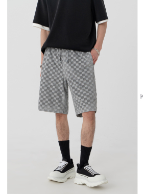 肌理感棋盘格 KUYIOU/松紧腰抽绳格子宽松舒适运动五分短裤男 K41