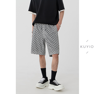 肌理感棋盘格 松紧腰抽绳格子宽松舒适运动五分短裤 男 K41 KUYIOU