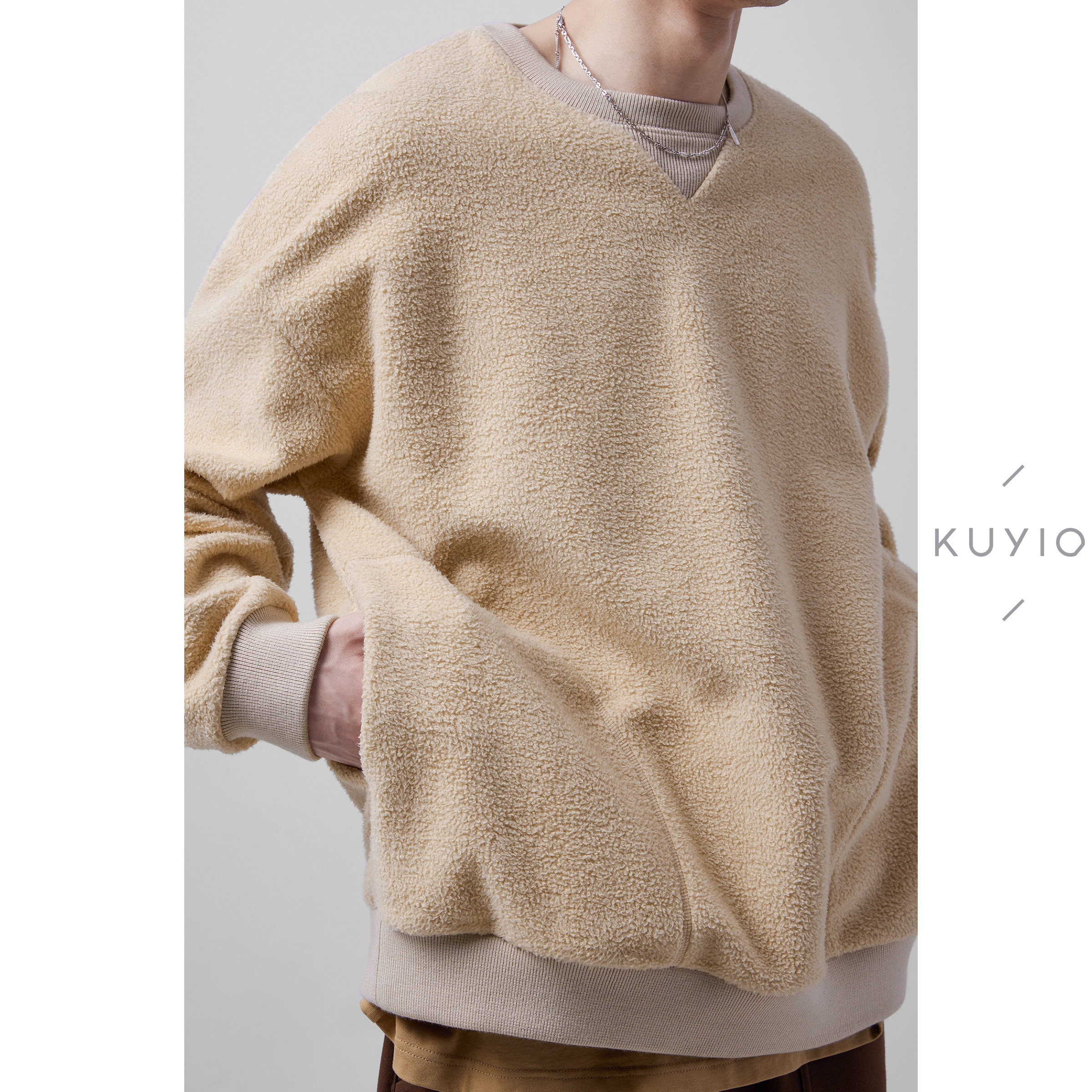 KUYIOU/泰迪熊羊羔绒 加厚重磅复合插袋圆领宽松摇粒绒卫衣男 W09,男装,卫衣,淘宝优惠券,粉丝福利购,淘宝优惠卷