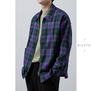 翻领外套男 弧形下摆落肩拉链衬衫 C10 订染格纹美利奴羊毛 KUYIOU