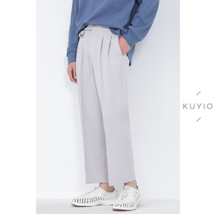 垂顺休闲九分裤 KUYIOU夏 微宽松双褶锥型西裤 剑叉延长腰袢 男 意式