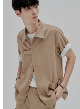 复古细腻竹节纹理 KUYIOU/延长胸袢大口袋宽松垂感短袖衬衫男 C19