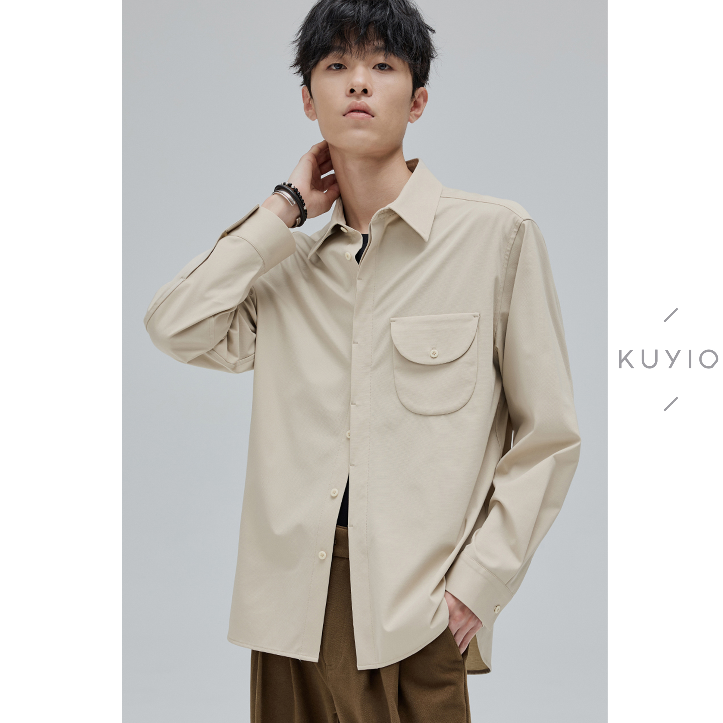 微弹垂坠定制面料口袋长袖衬衫