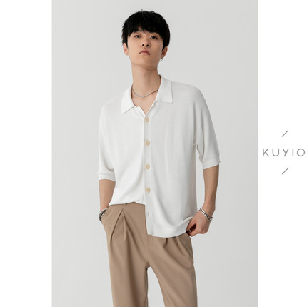 凉感冰丝伊力特 KUYIOU/提花肌理翻领落肩宽松针织短袖开衫男 Z41