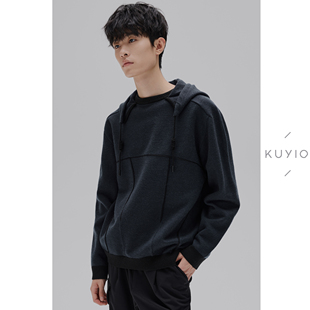 KUYIOU 羊毛混纺立体镶边针织毛衣卫衣男 活页破缝连帽拼缝