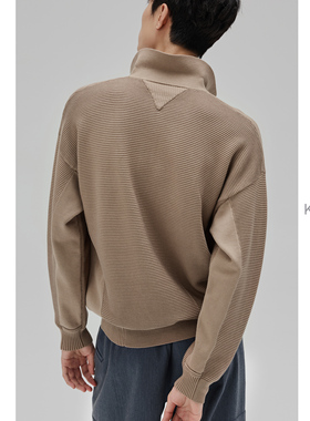 KUYIOU/满工细节 意式优雅条纹肌理提花纯棉宽松长袖POLO领针织衫