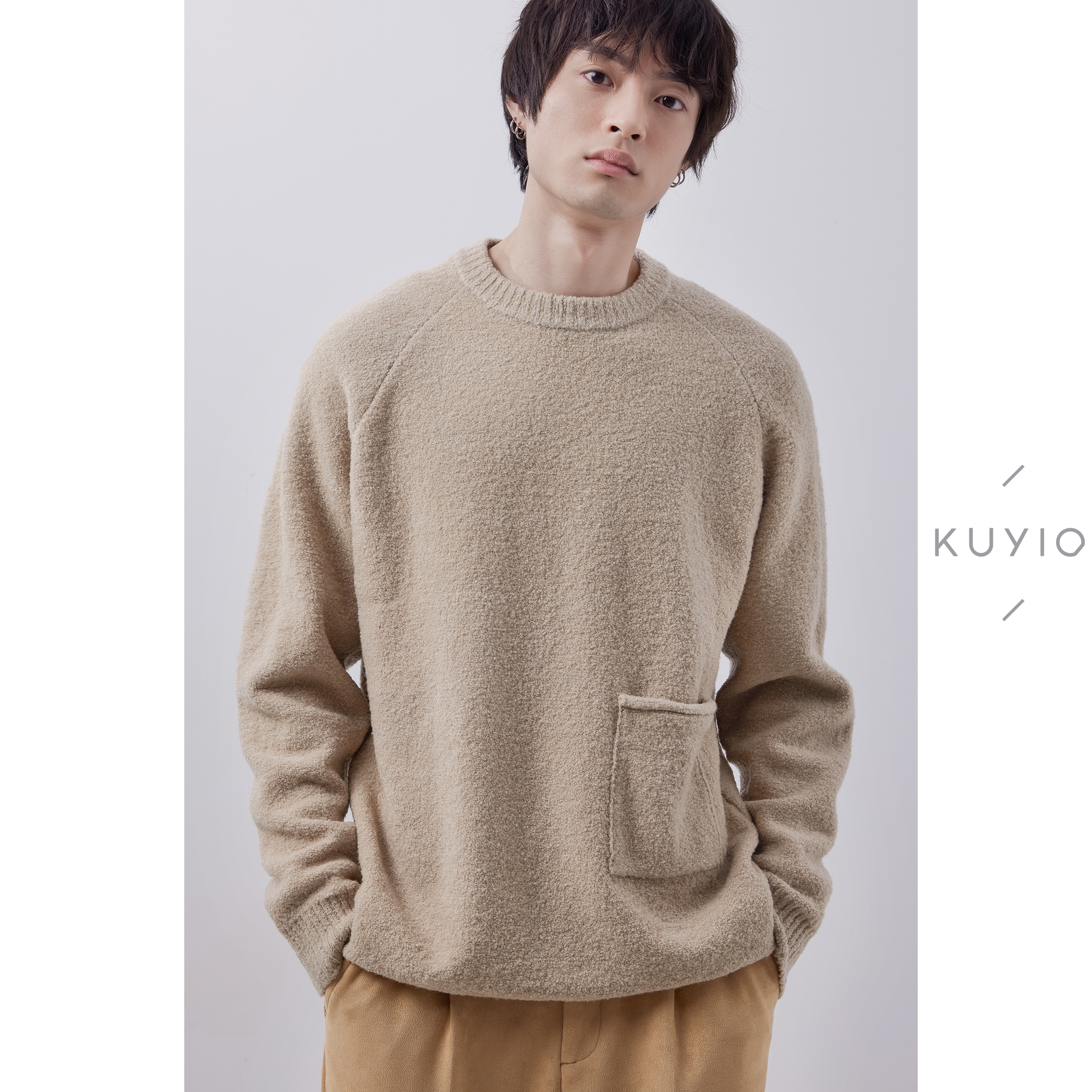 KUYIOU/重磅加厚 圈圈纱羊毛插肩袖下沉口袋圆领针织毛衣男