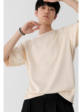 袖口拼缝开叉 KUYIOU/前后高低下摆重磅棉质宽松圆领短袖T恤男T16