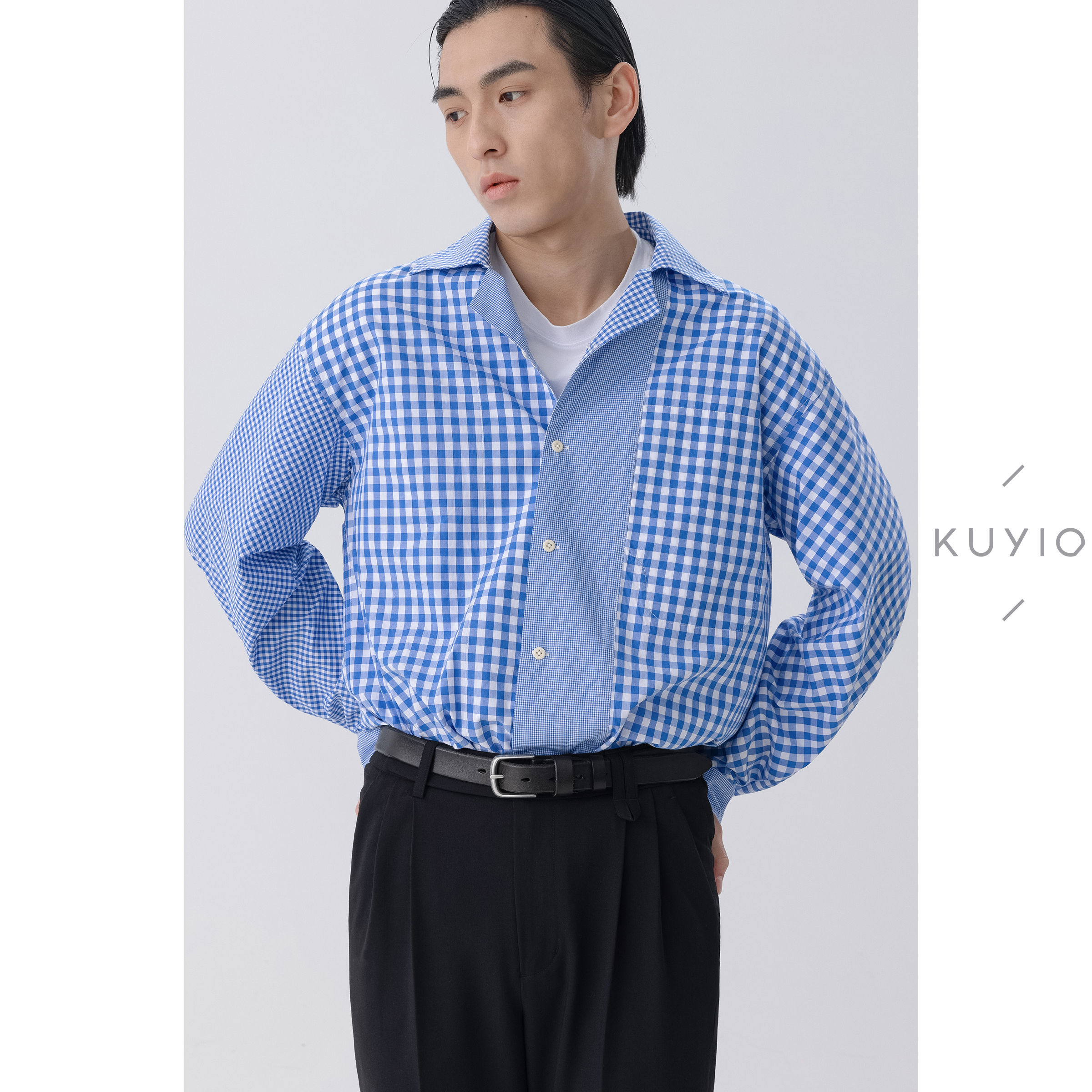 Kuyiou古巴领格纹拼接长袖衬衫