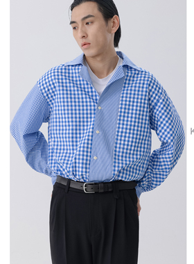 KUYIOU/设计感拼接格纹 隐形口袋古巴领宽松纯棉长袖衬衫男 C12