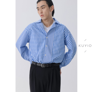 男 KUYIOU 衬衫 隐形口袋古巴领宽松纯棉长袖 C12 设计感拼接格纹