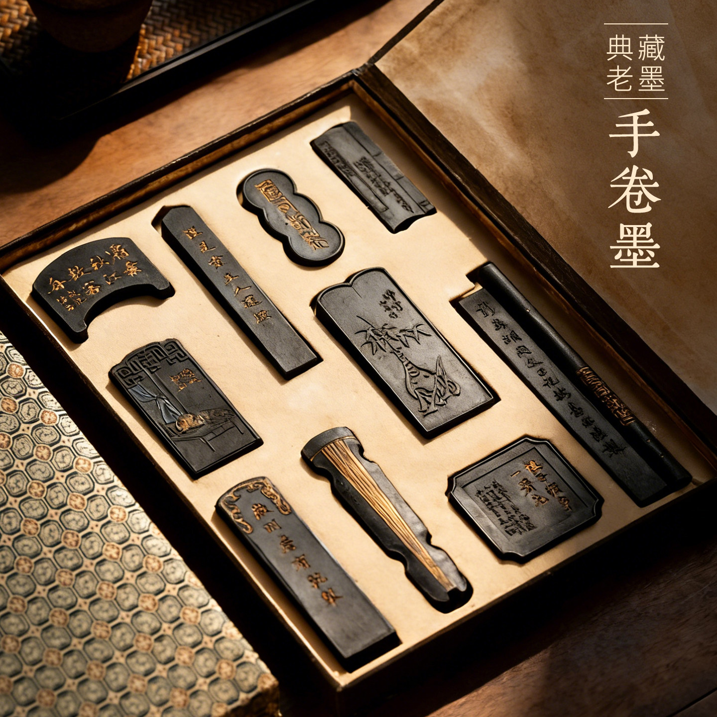 张小凤手卷套墨仿古手工墨块墨条墨锭笔墨纸砚毛笔书法专用精品高档砚台专业文房四宝套装送礼礼盒高级徽墨