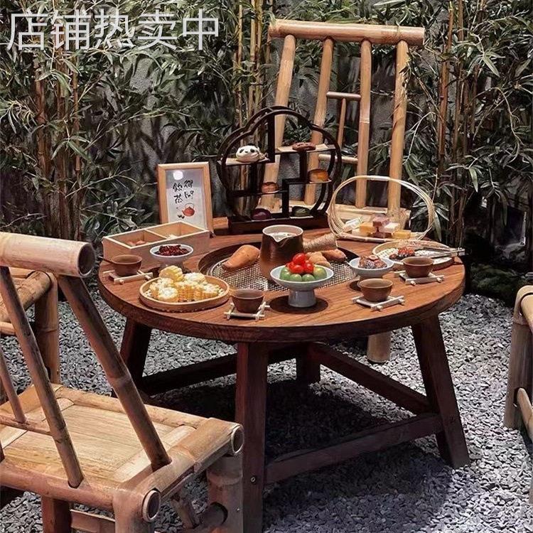 榆木煮茶冰茶围炉桌聚餐户外桌家用商用景区火锅茶桌门板烧烤炭烤