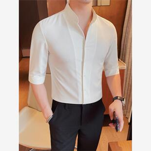 立领七分袖衬衫男士中袖夏季修身韩版休闲帅气高级感五分短袖衬衣