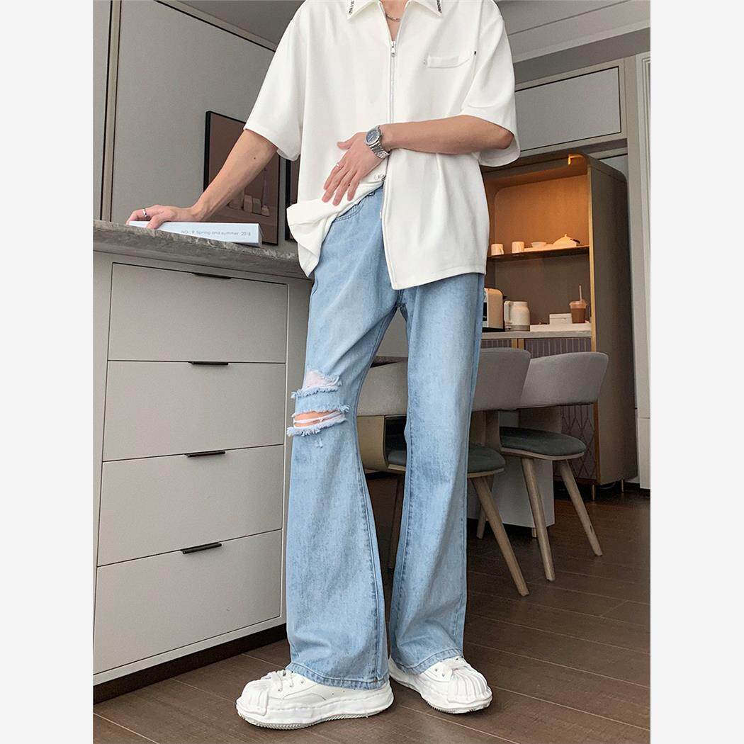 夏季痞帅微喇牛仔裤破洞膝盖男韩版潮ins高街宽松百搭裤子