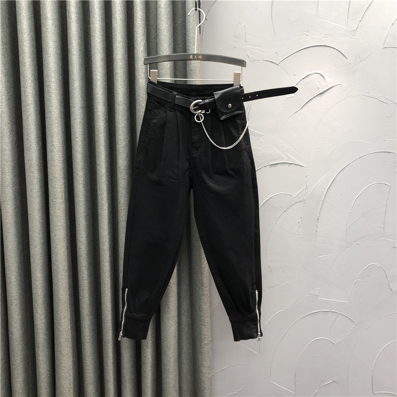 拉链牛仔裤女潮高腰宽松休闲萝卜