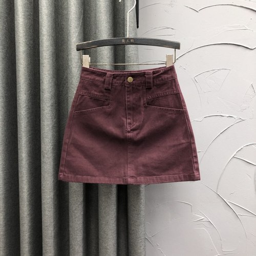 酒红色高腰牛仔短裙女2023秋冬