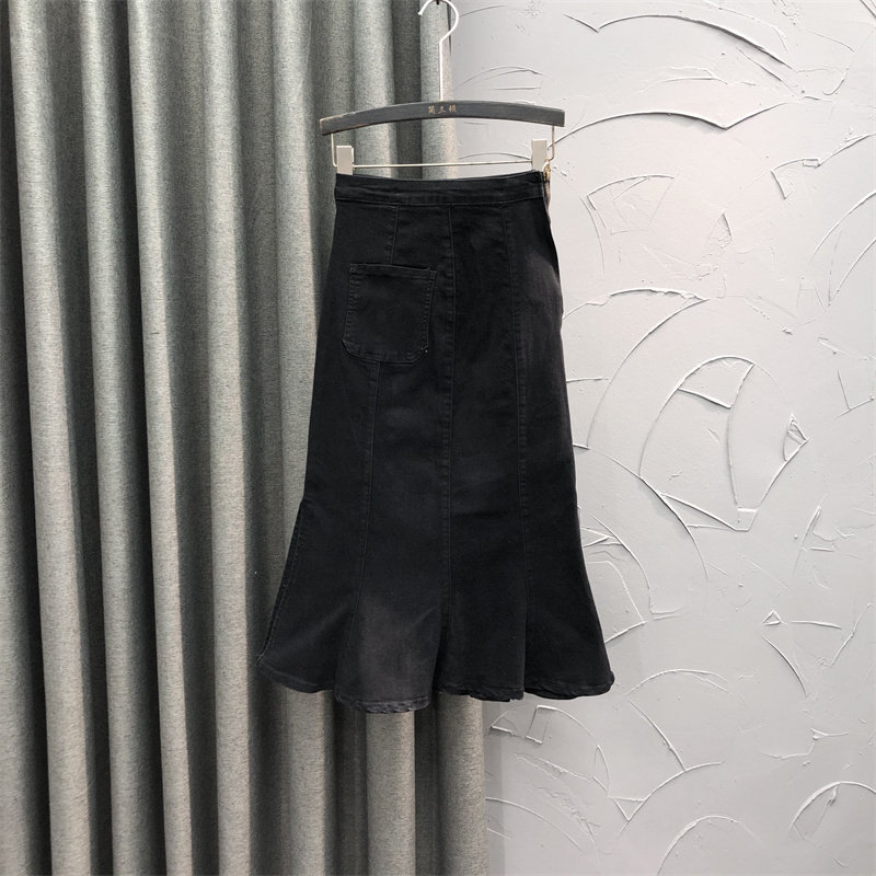 清仓高腰中长牛仔裙女2025新款夏天时尚修身显瘦性感荷叶边鱼尾裙