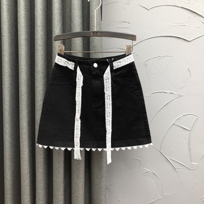 黑色高腰蕾丝拼接牛仔短裙女