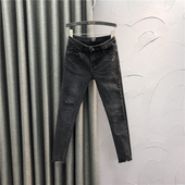 女贴布破洞春夏高腰显瘦提臀弹力铅笔裤 黑灰色修身 加绒小脚牛仔裤