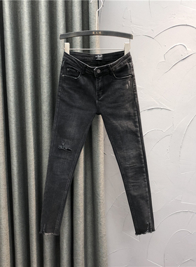 黑灰色修身加绒小脚牛仔裤女贴布破洞秋季高腰显瘦提臀弹力铅笔裤