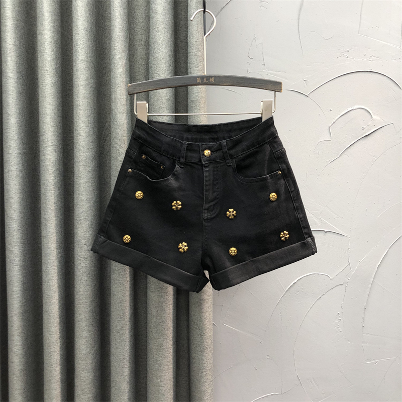 欧货黑色牛仔短裤女卷边2025年新款春夏高腰宽松显瘦A字阔腿热裤