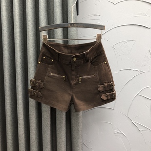 咖色高腰休闲牛仔短裤女秋冬时尚宽松洋气设计感A字工装阔腿热裤