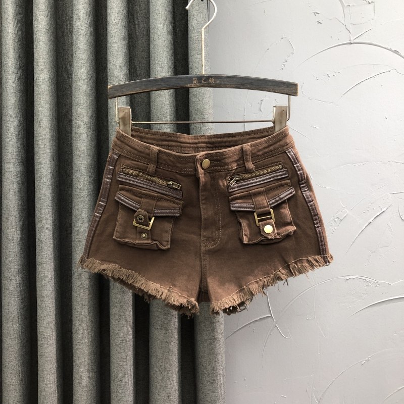 咖啡色高腰个性牛仔短裤女