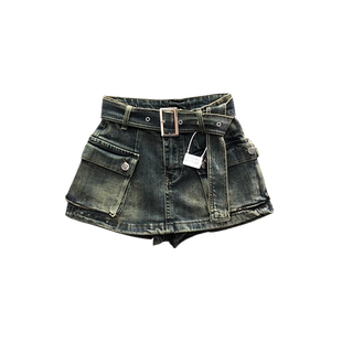 欧货高腰假两件牛仔短裤裙女2026年春夏时尚洋气A字工装阔腿热裤