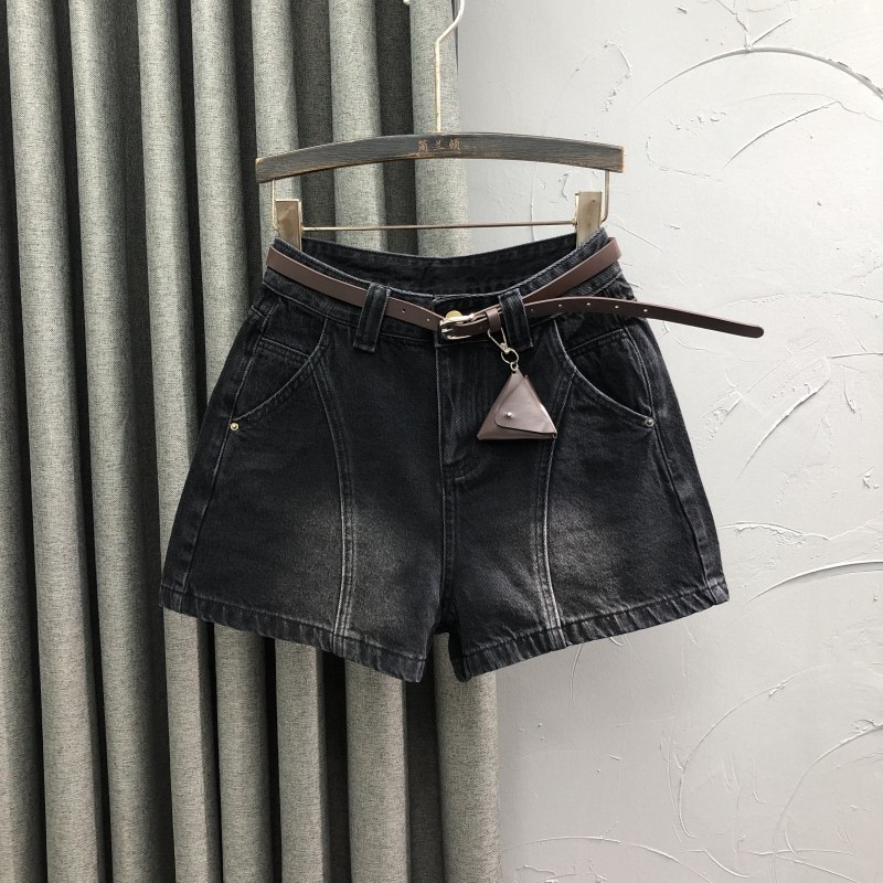 韩版黑色高腰牛仔短裤女