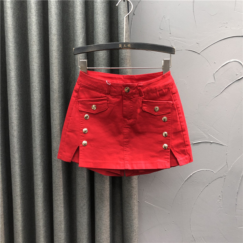 高腰双排扣牛仔裤裙女2024年新款秋冬时尚宽松打底A字假两件短裙