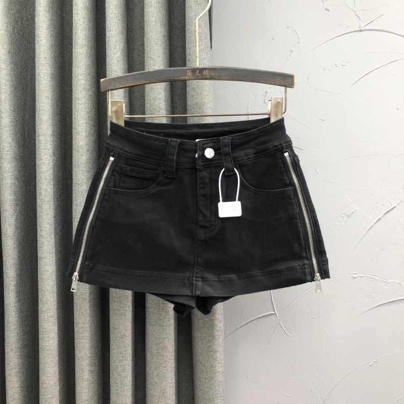 黑色高腰休闲牛仔短裤裙女25春夏时尚个性拉链设计感A字阔腿裙裤