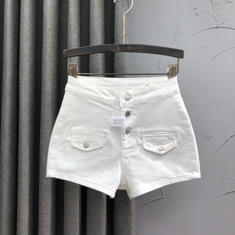 白色单排扣高腰牛仔短裤女2026新款夏季时尚弹力百搭紧身包臀热裤