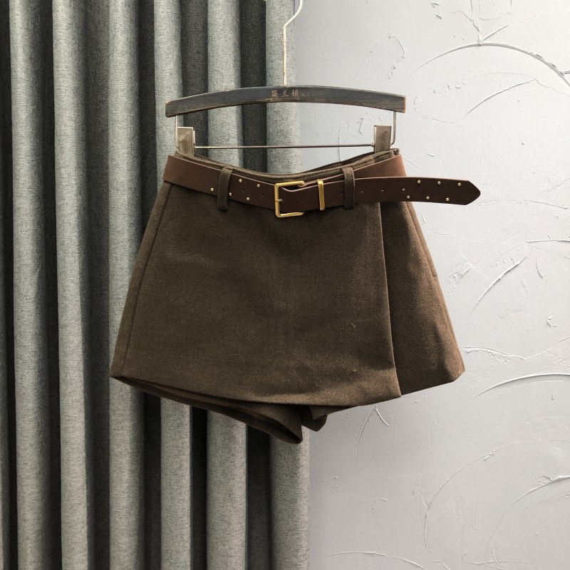 咖啡色高腰毛呢短裤裙女