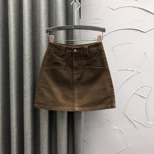 咖啡色高腰牛仔短裙女2023秋冬