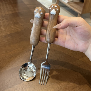 【出口德国】可爱猫爪餐具勺子叉子套装不锈钢儿童饭勺西瓜甜品勺