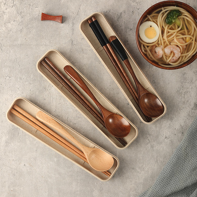 日式一人用便携餐具套装上班族专用木质筷子勺子套盒外出筷子盒