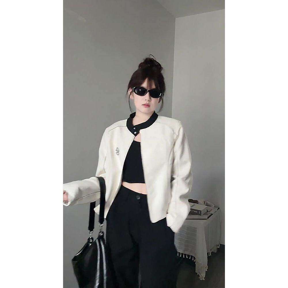 实价有货美式街头白色短款棒球服外套女春季新款休闲磨毛夹克外套