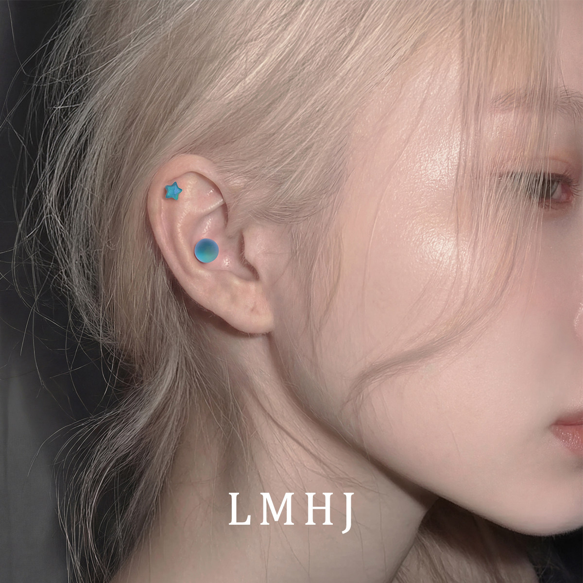 LM&HJ梦幻镭射星星球球耳钉耳骨钉钛钢耳环耳蜗钉甜酷日韩女耳饰