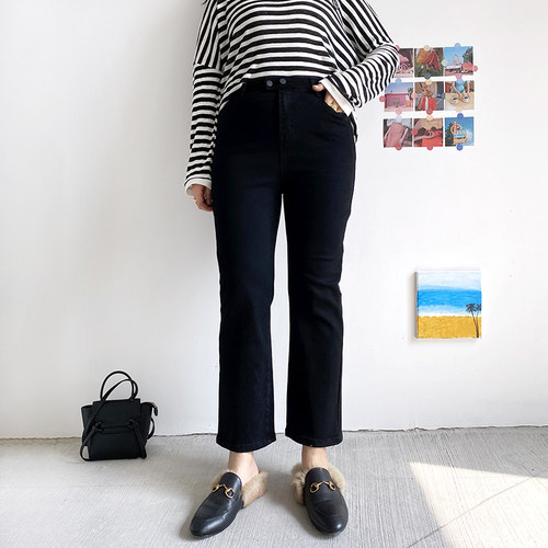 大码直筒面膜烟管牛仔裤女黑裤子