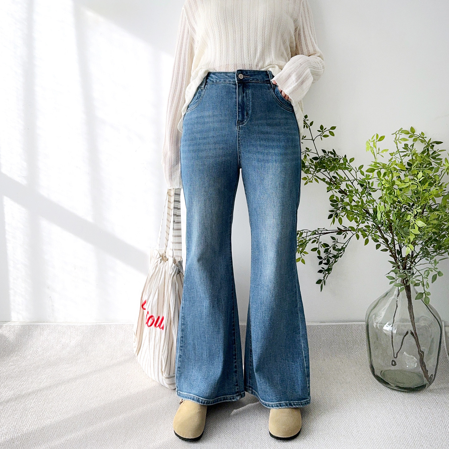 大爽大码高个子微喇牛仔裤女春季喇叭长裤深蓝色裤子胖mm拖地裤