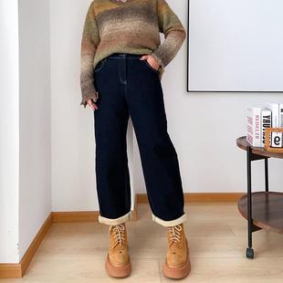 子胖mm老爹裤 大爽家大码 显瘦裤 女秋冬高腰牛仔裤 加绒直筒哈伦裤